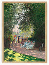 This delightful painting captures a lively outdoor scene set in a beautiful garden or park. A pathway meanders through a lush canopy of green foliage, bathed in the warm, dappled sunlight. In the background, you can catch a glimpse of a grand building, partly hidden by the trees.A vibrant social gathering is taking place, with numerous figures gathered along the right side of the pathway, seated and engaged in conversation. The scene exudes a sense of leisure and joy...