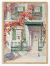 This captivating artwork portrays the front facade of a quaint, classical-style house, dressed in the vibrant hues of autumn. The house boasts crisp white walls, complemented by green shutters and intricate green wrought-iron details on the fence and balcony railings.