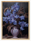 This exquisite artwork features a stunning arrangement of vibrant blue flowers, meticulously detailed and beautifully contrasted against a dark, moody background. The flowers, with their delicate petals and intricate textures, are complemented by the rich, earthy tones of the surrounding leaves, creating a harmonious and captivating composition.