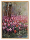 This delightful painting showcases a vibrant field full of blooming tulips in various shades of pink, red, and white. The flowers are densely packed, creating a lush, colorful carpet in the foreground. Tall trees with brown trunks and branches serve as a natural backdrop, their foliage a harmonious blend of green and earth tones. The hazy sky adds to the overall tranquil atmosphere. 