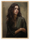 This painting captures a serene moment of a figure with flowing hair, dressed in a dark garment. Her face adds an element of mystery, while the delicate necklace with a small pendant adds a touch of elegance. The soft, muted background enhances the painting's abstract feel, creating a tranquil and introspective atmosphere. The artist's use of color and composition evokes a sense of calm and timeless beauty.