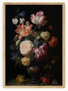 This exquisite still life floral painting features a vibrant and diverse bouquet of flowers arranged in a beautifully detailed vase. The composition showcases a variety of blossoms, including roses and tulips, each meticulously rendered with intricate details and rich colors. The dark background enhances the vividness of the flowers, creating a dramatic contrast that draws the viewer's attention. "Blossoming Elegance" is perfect for adding a touch of sophistication and charm to any space, making it a wonder