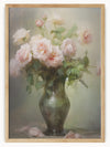 This enchanting artwork captures the delicate beauty of pink roses in full bloom.The bouquet is displayed in a charming green vase, with lush green leaves and stems providing a lovely contrast to the soft, pastel colors of the flowers.