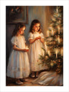 Candlelit Christmas Eve artwork captures a serene and nostalgic Christmas scene. Two young girls, dressed in flowing white gowns, stand beside a beautifully decorated Christmas tree adorned with glowing candles. The soft, warm light from the candles illuminates their faces and the room, creating a peaceful and enchanting atmosphere. The girls hold candles in their hands, adding to the gentle glow.The painting evokes a sense of innocence, tradition, and the quiet magic of Christmas Eve.