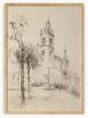 This exquisite sketch features a majestic church with a tall bell tower, expertly rendered in black and white. The detailed shading and line work bring out the architectural beauty of the church, with its prominent central tower, arched windows, and intricate spires.