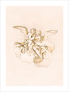 This vintage artwork depicts two cherubs sitting closely together on a cloud. The cherubs have curly hair and are adorned with wings, symbolizing their angelic nature. They are draped in flowing garments that add a sense of movement and grace to the scene. The sepia tones and delicate shading give the piece a timeless and ethereal quality, evoking a sense of serenity and divine companionship. 