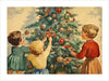 This vintage artwork depicts three children decorating a Christmas tree. The children are dressed in mid-20th century attire, with one child in a green dress, another in a yellow top and blue skirt, and the third in a red top and brown skirt. They are placing ornaments and small gifts on the tree, which is adorned with various baubles and decorations. The scene captures a nostalgic and heartwarming moment of holiday preparation, evoking a sense of tradition and family togetherness. 