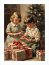 This vintage artwork print depicts a nostalgic Christmas scene featuring two children, a boy and a girl, sitting in front of a decorated Christmas tree. The children are dressed in vintage clothing, with the girl wearing a light-colored dress and the boy in a white shirt and green pants. They are both holding small, wrapped gifts, and there are several larger presents with red ribbons around them.