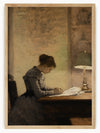 This serene artwork features a figure seated at a desk, deeply engrossed in reading or writing on a piece of paper. Clad in a long-sleeved, high-collared dress, and with hair elegantly tied up in a bun, the figure emanates a sense of quiet focus. The desk, adorned with a lamp boasting a green shade and brass base, adds a touch of vintage charm. The background is subtly detailed, suggesting other artworks or decorations that hint at a peaceful, studious environment. The muted color palette enhances the paint