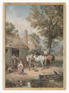 This charming painting captures a serene rural scene brimming with life and activity. The centerpiece is a thatched-roof cottage, where a woman stands near the door, adding to the warm, welcoming ambiance. Nearby, a man attentively tends to a white horse, while another figure is seen mounted on a brown horse.