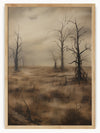 This artwork captures a desolate, barren landscape with several leafless trees scattered across a dry, cracked ground. The overcast sky casts a gloomy, grayish hue, adding to the somber and eerie atmosphere. The dark, twisted trees with gnarled branches reach out in various directions, emphasizing the sense of desolation and abandonment. The sparse, dry grass and patches of bare earth further enhance the bleakness of the scene, creating a haunting portrayal of a lifeless, possibly post-apocalyptic environme