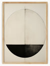 This artwork, titled "Equilibrium," features a large circle divided vertically by a thin line. The lower half of the circle is filled with a solid black color, while the upper half remains a light, almost white shade. The contrast between the black and white halves creates a striking visual balance, symbolizing harmony and duality. The simplicity and geometric precision of the piece make it a captivating and thought-provoking addition to any art collection.