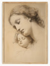 This delicate pencil sketch captures a tender moment between a mother and child, their serene expressions radiating love and tranquility. The soft lines and gentle shading emphasize the depth of their connection, evoking a sense of warmth, protection, and timeless affection. The artwork embodies the pure essence of maternal love, frozen in a moment of peaceful repose.