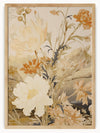 This artwork, titled "Ethereal Blooms," beautifully captures the delicate and tranquil essence of a variety of flowers set against an abstract landscape. The flowers are rendered in soft, muted tones of beige, cream, and orange, with intricate detailing that brings out the elegance of each petal and leaf.