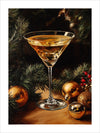 "Festive Martini" is a still-life painting that captures the essence of holiday celebration with a martini glass filled with a golden beverage, surrounded by Christmas ornaments and evergreen branches.