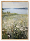 This captivating painting depicts a serene meadow filled with vibrant white daisies, which brings a sense of peace and natural beauty. The foreground showcases the abundance of these wildflowers, creating a breathtaking carpet that stretches across the landscape. In the middle ground, a rolling grassy area gently slopes down to a serene body of water, possibly a tranquil lake or river.