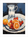 Bring a touch of luxury and sophistication to your space with our premium Foodie Art Print No.26. This stunning piece features a painting of a white plate with oranges and cherries, and a white pitcher with blue flowers, on a white tablecloth with red stripes. The realistic style and vivid colors of this sophisticated impressionistic still life of fruit and pitcher are sure to transform your interior into a work of art.