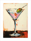 Elevate your kitchen decor with our Foodie Art Print No.31, featuring an artistic watercolor of a classic martini with a olive. This print adds a touch of sophistication and boldness to any wall, making it the perfect statement piece for any food lover.