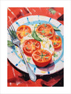 Discover the beauty of Foodie Art Print No.36! This stunning painting features a plate of tomato and mozzarella salad, laid out on a white plate with a blue and green checkered pattern. With a fork on the side, and a vibrant red background, this art print is sure to become a treasured piece in your home! Wow your guests with this unique and stunning artwork.