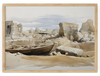 "Forgotten Voyage" transports viewers to a desolate, rocky landscape where an abandoned wooden boat lies in the foreground. The scene suggests an area that once held water, now dried up, with weathered rock formations scattered throughout the arid terrain.