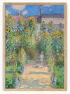 Step into the serene beauty of 'Garden Bliss,' a captivating painting by Claude Monet. This delightful artwork showcases a vibrant garden scene with a winding pathway leading up to a rustic house. Tall, golden sunflowers and other lush plants surround the path, creating a charming tunnel-like effect.A child in a white dress stands on the path, accompanied by a small dog, adding a touch of innocence and joy to the scene.