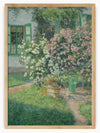 This serene painting captures the tranquil beauty of a lush garden. Two vibrant bushes, one adorned with white flowers and the other with pink blossoms, stand prominently near a charming house with green shutters. A winding path leads through the garden, passing a green watering can and a delicate birdcage on the ground. Sunlight gently filters through the trees, casting soft shadows and adding depth to the scene.