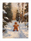 "Gingerbread Wanderer" is a whimsical painting depicting a gingerbread man on a snowy forest path, holding a walking stick. The artwork captures the charm and fantasy of a gingerbread figure exploring a serene winter landscape.