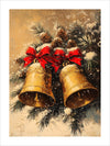 This vintage artwork captures the festive spirit with two golden bells adorned with vibrant red bows. Nestled among snow-dusted pine branches and pinecones, the bells evoke a sense of warmth and nostalgia, making it a perfect piece to celebrate the holiday season. The intricate details and rich colors bring a timeless charm to any space.