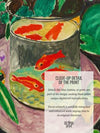 This painting is titled "Goldfish" by Henri Matisse. It features a cylindrical glass bowl with five bright orange goldfish, placed on a round pink table. Surrounding the bowl are various green plants with large leaves, and the background showcases a mix of pink and purple flowers with green foliage. The vibrant colors and bold brushstrokes are characteristic of Matisse's Fauvist style, making the painting visually striking and interesting.