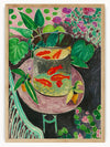 This painting is titled "Goldfish" by Henri Matisse. It features a cylindrical glass bowl with five bright orange goldfish, placed on a round pink table. Surrounding the bowl are various green plants with large leaves, and the background showcases a mix of pink and purple flowers with green foliage. The vibrant colors and bold brushstrokes are characteristic of Matisse's Fauvist style, making the painting visually striking and interesting.