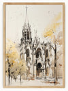 This captivating artwork depicts a Gothic-style cathedral, meticulously rendered with ink and watercolor. The cathedral features pointed arches, tall spires, and ornate windows, showcasing the grandeur of Gothic architecture. Accents of yellow and brown suggest autumn foliage, blending harmoniously with the surrounding trees. The composition beautifully combines architectural elegance with natural elements, creating a visually striking and expressive scene.