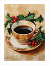 This charming vintage artwork captures the essence of a cozy holiday season. A delicate porcelain teacup, adorned with festive holly and berry motifs, sits gracefully on a matching saucer. The rich, dark coffee within the cup contrasts beautifully with the warm, golden hues of the background. The surrounding holly leaves and bright red berries add a touch of seasonal cheer, making this piece a perfect celebration of holiday warmth and tradition.