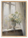 This serene painting captures the delicate beauty of a vase filled with white hydrangeas, gracefully displayed on a windowsill. The soft, diffused light filtering through the window behind creates a peaceful and calming ambiance, making the flowers glow with a gentle radiance.