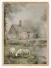 This tranquil painting depicts a quaint, thatched-roof cottage nestled in lush greenery, surrounded by towering trees and vibrant bushes. In the foreground, three sheep graze peacefully near a small pond, adding to the idyllic, countryside charm. The rustic wooden fence and ladder leaning against the cottage enhance the pastoral ambiance. The scene, bathed in the warm, golden glow of a late afternoon sun, evokes a sense of serenity and timeless beauty, inviting viewers to imagine a life of simplicity and ha