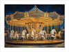 This art print depicts a beautifully illuminated carousel at night. The carousel features intricately designed white horses with colorful saddles and bridles, arranged in a circular pattern. The top of the carousel is adorned with ornate decorations and numerous lights, creating a warm and inviting glow against the dark night sky. The overall scene evokes a sense of nostalgia and whimsy, capturing the charm and magic of a classic amusement park ride. 