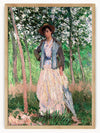 Imagine a lovely day spent among the flowers. This charming artwork by Claude Monet, captures a serene moment in a lush garden. A woman, dressed in a flowing light-colored dress with a blue jacket, stands gracefully amidst the vibrant greenery. Her wide-brimmed hat adds a touch of elegance. With tall trees and the play of light and shadow, Monet brings to life the tranquil beauty of this scene. Perfect for adding a touch of serenity to your space.