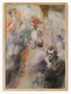 This fine art print beautifully captures a vibrant scene of social interaction. The artwork depicts a group of individuals in a rustic tavern, engaged in animated conversation. The central focus is on a man standing and gesturing passionately, possibly telling a captivating story, while others seated around a table listen intently