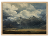 "Majestic Peaks" beautifully captures the grandeur and awe-inspiring beauty of nature's rugged landscapes. The painting features a range of tall, sharp-peaked mountains covered in a blanket of snow. The sky is filled with thick, billowing clouds, creating a dramatic and dynamic backdrop. In the foreground, a vast open plain with patches of grass and small hills adds depth and scale to the scene. The interplay of sunlight breaking through the clouds casts shadows and highlights on the mountains and the plain