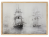 "Maritime Reverie" masterfully captures the serene and ethereal beauty of a tranquil sea voyage. The black and white drawing features three majestic sailing ships, their sails fully unfurled, gracefully gliding across a calm sea. The misty or foggy atmosphere lends a sense of mystery and wonder, while the detailed depiction of the ships' multiple masts and rigging showcases the artist's skill.