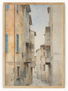 This painting showcases a picturesque alleyway in a Mediterranean setting, characterized by tall, closely packed buildings with balconies and blue shutters. The textured walls and paved path lead to a brighter area in the distance, inviting exploration. The artwork captures the charm and character of an old urban landscape, evoking a sense of nostalgia and warmth.