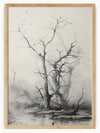 This intriguing black-and-white artwork features a solitary, leafless tree standing in a misty, swamp-like environment. With its twisted and gnarled branches, the tree commands attention, while a few birds perched on the branches and flying in the background add a sense of life to the scene.