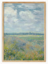 This breathtaking painting unfolds a serene, lush landscape bathed in the refreshing hues of spring. The heart of the scene is a vast, green field sprinkled with hints of yellow and blue wildflowers, evoking a sense of renewal and tranquility. Gentle, rolling hills in the background are touched by the light, adding depth and movement to the vast expanse. Soft, fluffy clouds drift lazily across an expansive sky, painted in calming tones of white and gray, suggesting a blissful, partly cloudy day. 