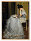 This captivating painting depicts a woman deeply immersed in reading while sitting on a classic, elegant chair. She wears a beautifully detailed white gown that cascades gracefully to the floor, adding a sense of timeless elegance to the scene. The setting appears to be a cozy indoor space with a dark backdrop, allowing the soft glow on her face and dress to stand out.