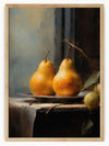 This still life painting beautifully captures the simplicity and elegance of two yellow pears placed on a plate. The pears are positioned side by side with their stems pointing upwards, adding a natural and organic touch. The background features a mix of light and dark tones, enhancing the contrast and texture of the scene. A partially visible round fruit at the bottom right adds a subtle yet interesting element to the composition. The use of light and shadow brings out the detailed texture of the pears, ma