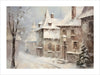 This artwork depicts a serene winter scene in a quaint village. The image shows snow-covered buildings with steep, pointed roofs and chimneys, suggesting a European architectural style. The streets are blanketed in snow, and a lamppost stands prominently in the foreground, adding a nostalgic touch. Snow-laden trees and a soft, muted color palette enhance the tranquil and picturesque atmosphere. The scene captures the peaceful beauty of a winter day, evoking a sense of calm and timeless charm.