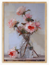 "Rosy Whispers" is an enchanting piece that showcases a delicate arrangement of pink and red roses in a transparent vase. The impressionistic style, with its visible brushstrokes and textured appearance, brings a sense of life and movement to the flowers.