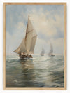 This artwork depicts a serene maritime scene featuring a sailboat navigating through calm waters under a partly cloudy sky. The sailboat, with its sails fully unfurled, is the focal point of the painting, capturing the viewer's attention with its detailed and realistic portrayal.