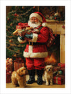 This artwork depicts a festive Christmas scene featuring Santa Claus holding gifts, with two dogs by his side, in front of a decorated Christmas tree and a cozy fireplace.