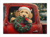 Capture the essence of Christmas with Santa's Dog vintage art print. This festive scene features a red truck, a dog in a Santa hat, and a Christmas wreath. The softly lit, snowy landscape adds to the nostalgic and heartwarming atmosphere. A perfect addition to your holiday decor.