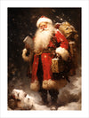 This vintage artwork print captures the timeless essence of Santa Claus on a snowy night. Dressed in his iconic red suit with white fur trim, Santa stands amidst a gentle snowfall, holding a book in one hand and a wrapped gift in the other. His large sack of presents is slung over his shoulder, ready to bring joy to children around the world. At his feet, a small dog playfully frolics in the snow, adding a touch of warmth and companionship to the scene. 